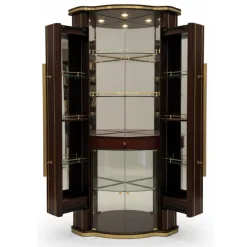 Dark mahogany and brass bar cabinet with open doors, revealing glass shelves, a mirrored interior, and a lower glass door. The cabinet is shown on a white background.