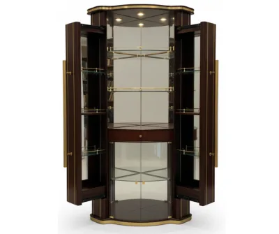Chivas Corner Bar Dark mahogany and brass bar cabinet with open doors, revealing glass shelves, a mirrored interior, and a lower glass door. The cabinet is shown on a white background.