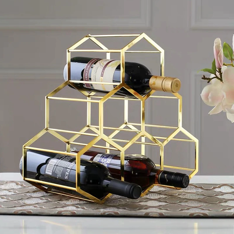 Gold Honeycomb 6 Bottles Wine Holder Home Bars