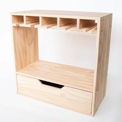 Wine Cube with drawer glass hanger iscover our versatile wooden cube organizer featuring a handy drawer and a convenient wine glass hanging rack. Perfect for kitchens, dining areas, and home bars.