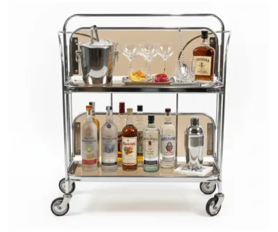 Gatsby Bar Cart Foldable Trolley (5) Gatsby Bar Cart Chrome with foldable metal frame and tempered glass shelves