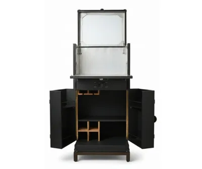 Martini leather Bar Cabinet (1) Shop the elegant Leather Bar Cabinet (Martini Trunk). Features a mirrored interior, stemware storage, and drop-down counter. Choose Black or Tan.