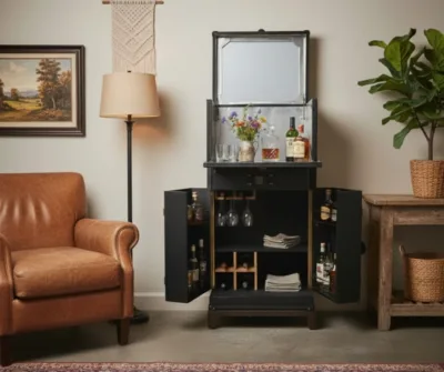 Martini leather Bar Cabinet This is a luxurious, vintage-inspired Leather Bar Cabinet designed in the style of a classic steamer trunk. Available in both Black and Tan leather finishes, it is the ultimate statement piece for home entertaining