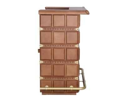 Prestige leather Bar Counter (1) Prestige Leather Bar Counter, closed server side view, showing cabinet doors, top drawer, leather pulls, and campaign style hardware.