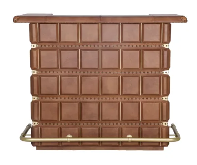 Prestige leather Bar Counter (2) Luxury Campaign Style Leather Bar Counter, front view (closed), showing rich brown paneled leather, brass nailhead detailing, and curved foot rail.