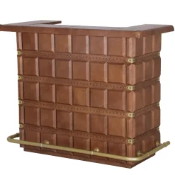 Luxury Campaign Style Leather Bar Counter in rich brown, featuring brass hardware, paneled design, and organized interior with wine rack storage.