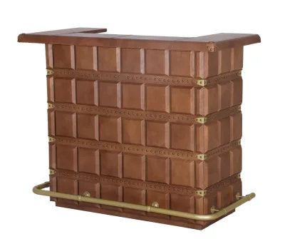 Prestige leather Bar Counter Luxury Campaign Style Leather Bar Counter in rich brown, featuring brass hardware, paneled design, and organized interior with wine rack storage.