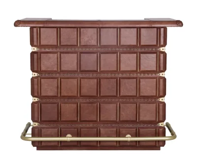 Prestige leather Bar Counter (4) Prestige Leather Bar Counter, closed server side view, showing cabinet doors, top drawer, leather pulls, and campaign style hardware.