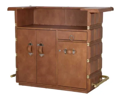 Prestige leather Bar Counter Interior storage view of the Leather Bar Counter, showing open cabinets with shelving, a pull-out drawer, and a dedicated 16-slot wine rack.