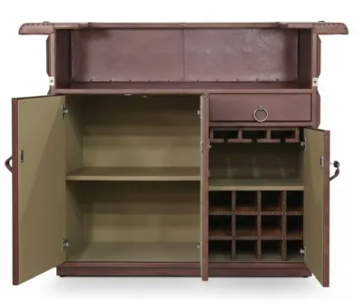 Prestige leather Bar Counter (7) A bar cabinet made of what appears to be dark brown leather, with the doors open, revealing internal storage including shelves, a drawer, and square compartments for bottles.
