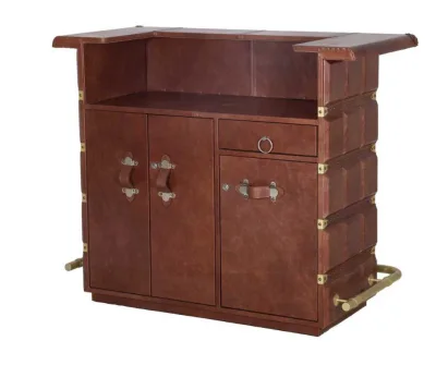 leather Bar Counter Interior storage view of the Leather Bar Counter, showing open cabinets with shelving, a pull-out drawer, and a dedicated 16-slot wine rack.